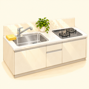 明るいキッチンのシンクとコンロのイラスト